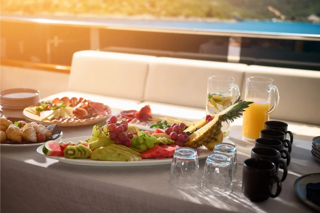 cristal yacht charter meat pastry and fruit platter