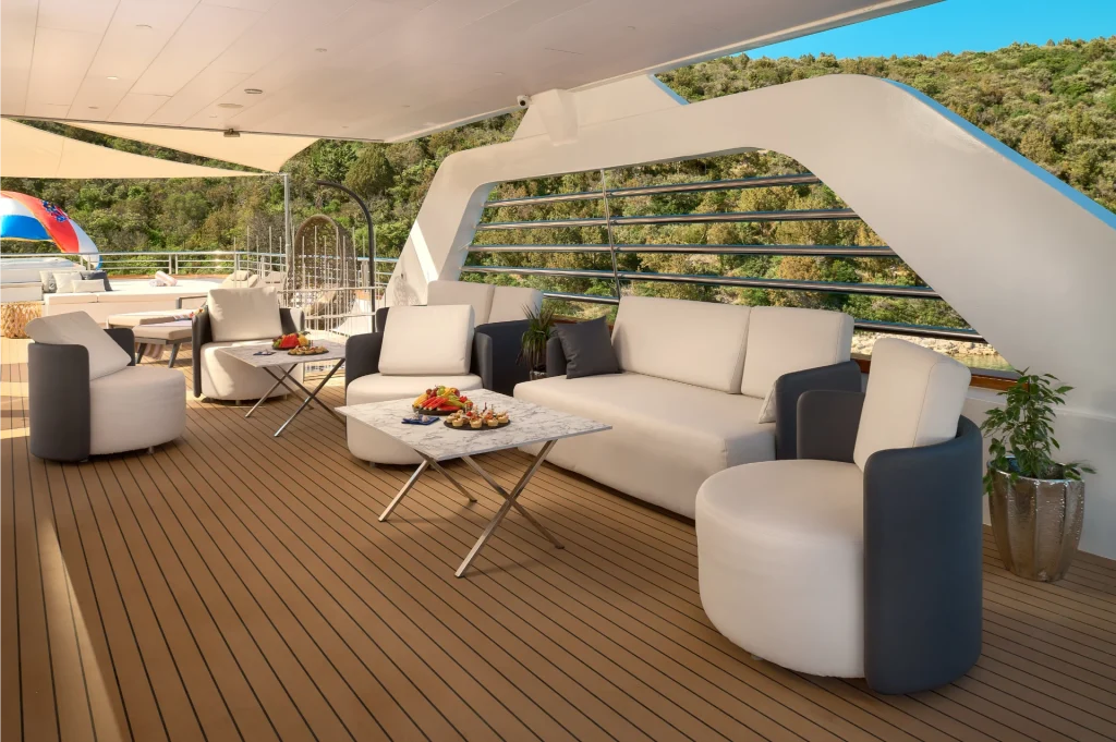 cristal yacht charter sundeck port side lounge area