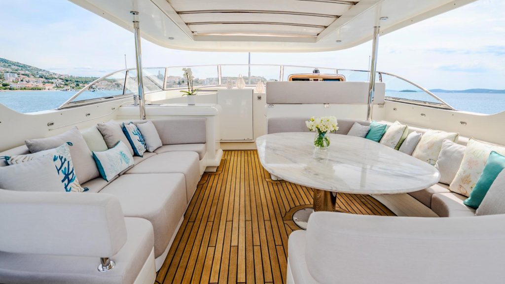 Dream yacht charter sundeck lounge and dining view