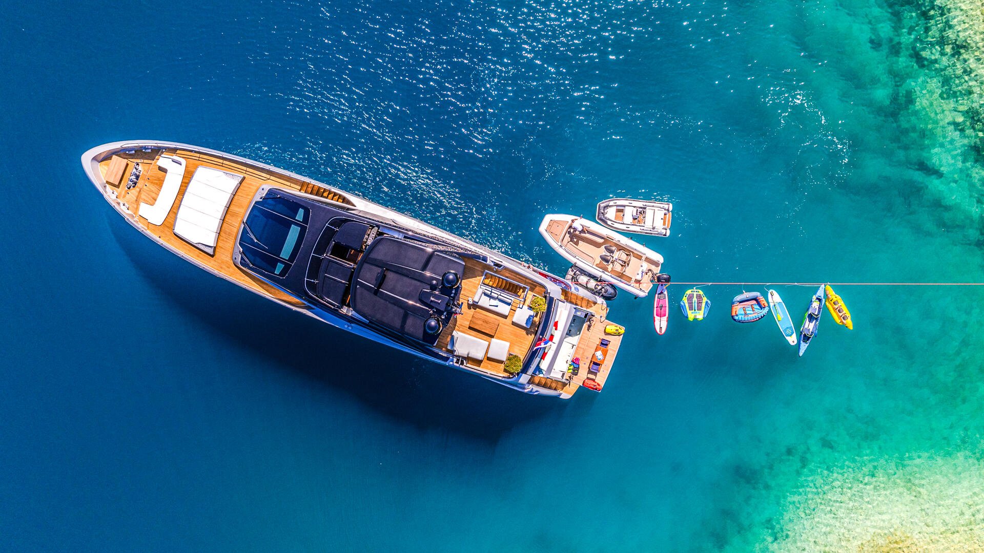 NO STRESS Yacht Charter Aerial Perspective with Watertoys NO STRESS 888 Yacht Charter Aerial Perspective with Watertoys