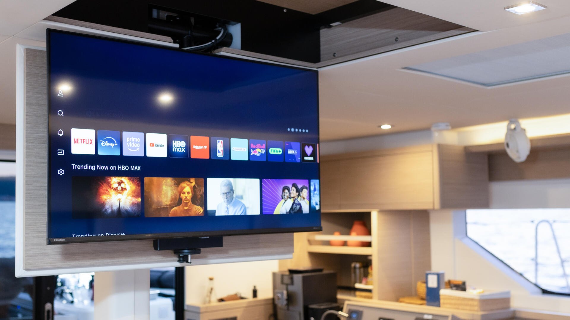 ARTISAN Yacht Charter Main Deck Interior Salon Pop Up TV ARTISAN Yacht Charter Main Deck Interior Salon Pop Up TV