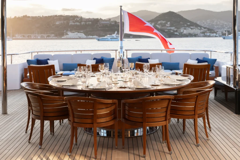 adventure yacht charter bridge deck aft dining table